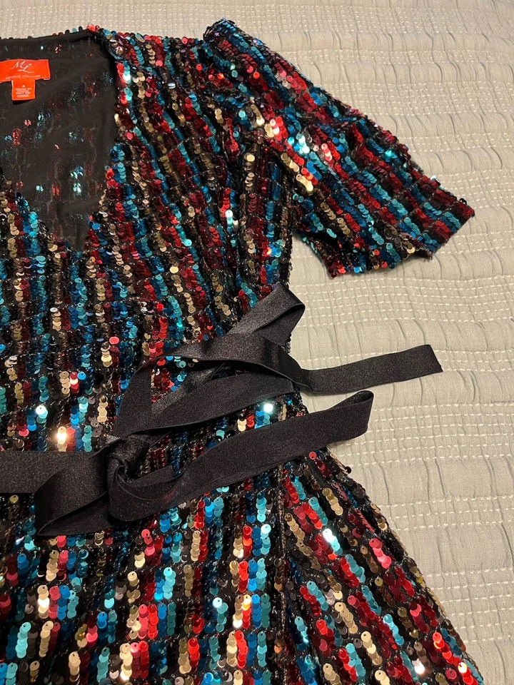 Monique lhuillier красный синий черный тяжелый блестки надежном платье Новый год вечеринки размер 4 - Изображение 4 из 4