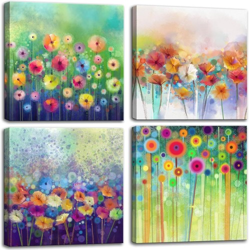 Flowers Bathroom Decor Canvas Wall 12"x12" x 4 Pcs, Abstract Floral