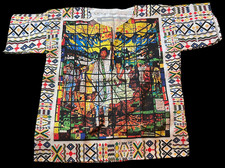 Vtg 70s Single Stitch Dashiki Jersey Poly Stained Glass Art Panel Split-Neck 20"