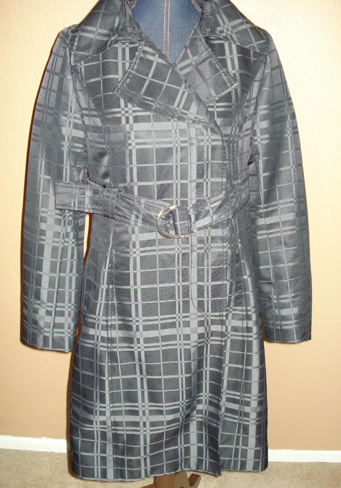 Mossimo Charcoal Gray Plaid Lined Belted Snap Button Trench Coat Jacket Size S - Image 2 of 4