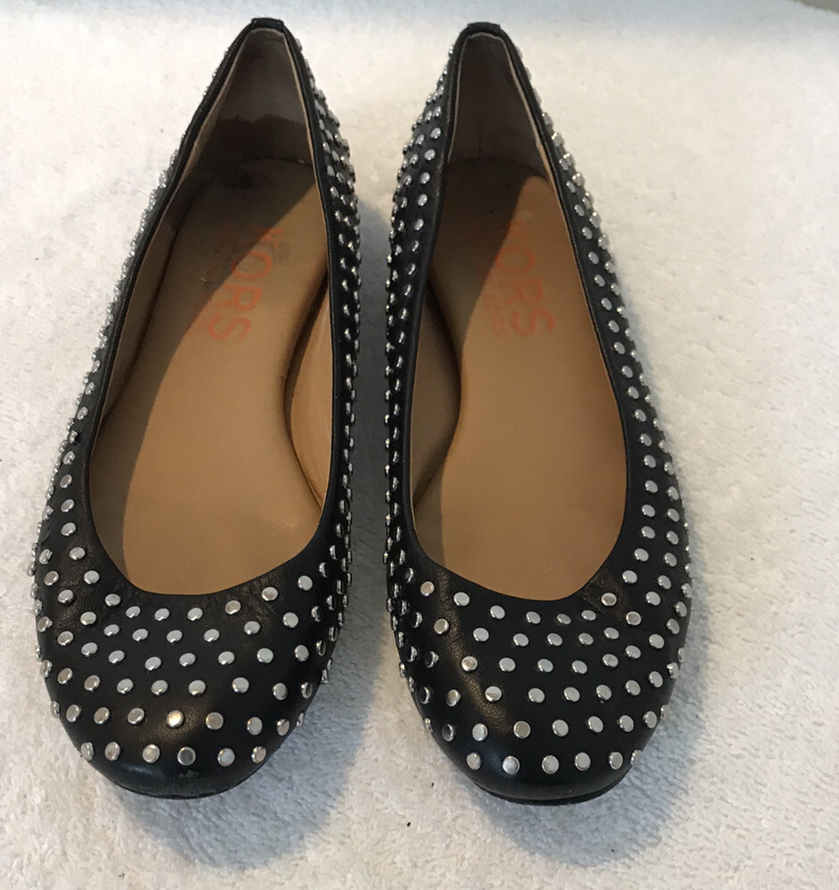 MICHAEL KORS Women's Flat Shoes Black Real Leather Silver Studs Size 6.5M thumbnail 4