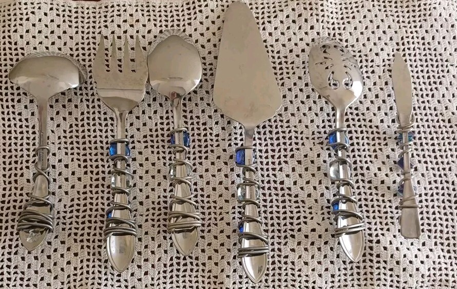 Handcrafted Flatware Serving Pcs With Wire & Cobalt Blue Glass Beads Set of 6