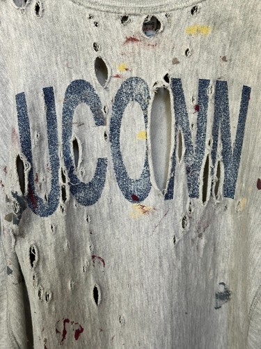 Art Damage UCONN Champion Reverse Weave Sweatshirt heather grey w/paint splatter - Picture 2 of 11