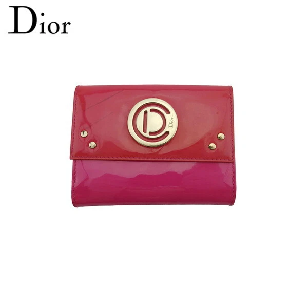 Portefeuille Dior W crochet marque D plaque cuir émaillé rose authentique occasion C4545