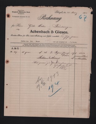 RHEYDT, Rechnung 1913, Achenbach & Giesen Bekleidung