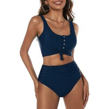 ZAFUL High Waisted Bikini Scoop Neck Swimsuit Two Pieces Dark Blue XL 12-14