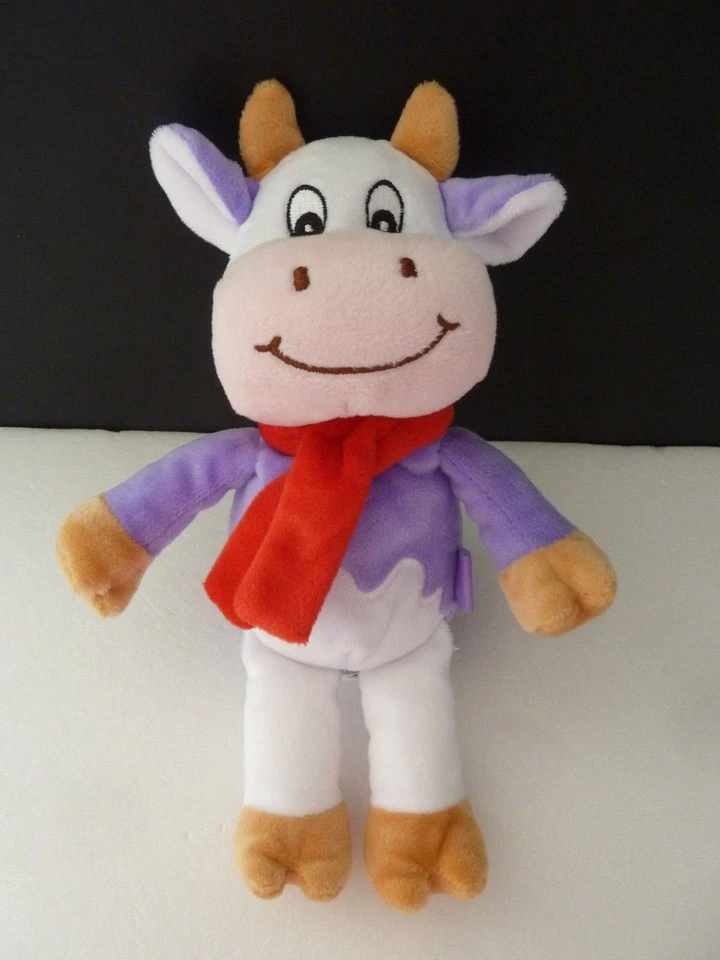 *. DOUDOU PELUCHE VACHE MILKA  ROSE MAUVE BLANC BEIGE ECHARPE ROUGE ETAT NEUF* - Photo 3/4