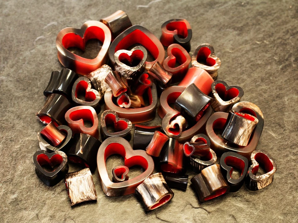 Herz Horn Flesh Tunnel Ohr Plug Piercing Schmuck Ohr Dehner Expander Braun Rot - Bild 4 von 4