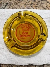 Vintage Best Western Hotel Ashtray Amber Glass w/ Red Advertising Logo 