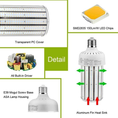 100W LED Corn Bulbs Light Replace 400W MH/HPS Warehouse Parking Lot Light 5000K - Picture 10 of 12