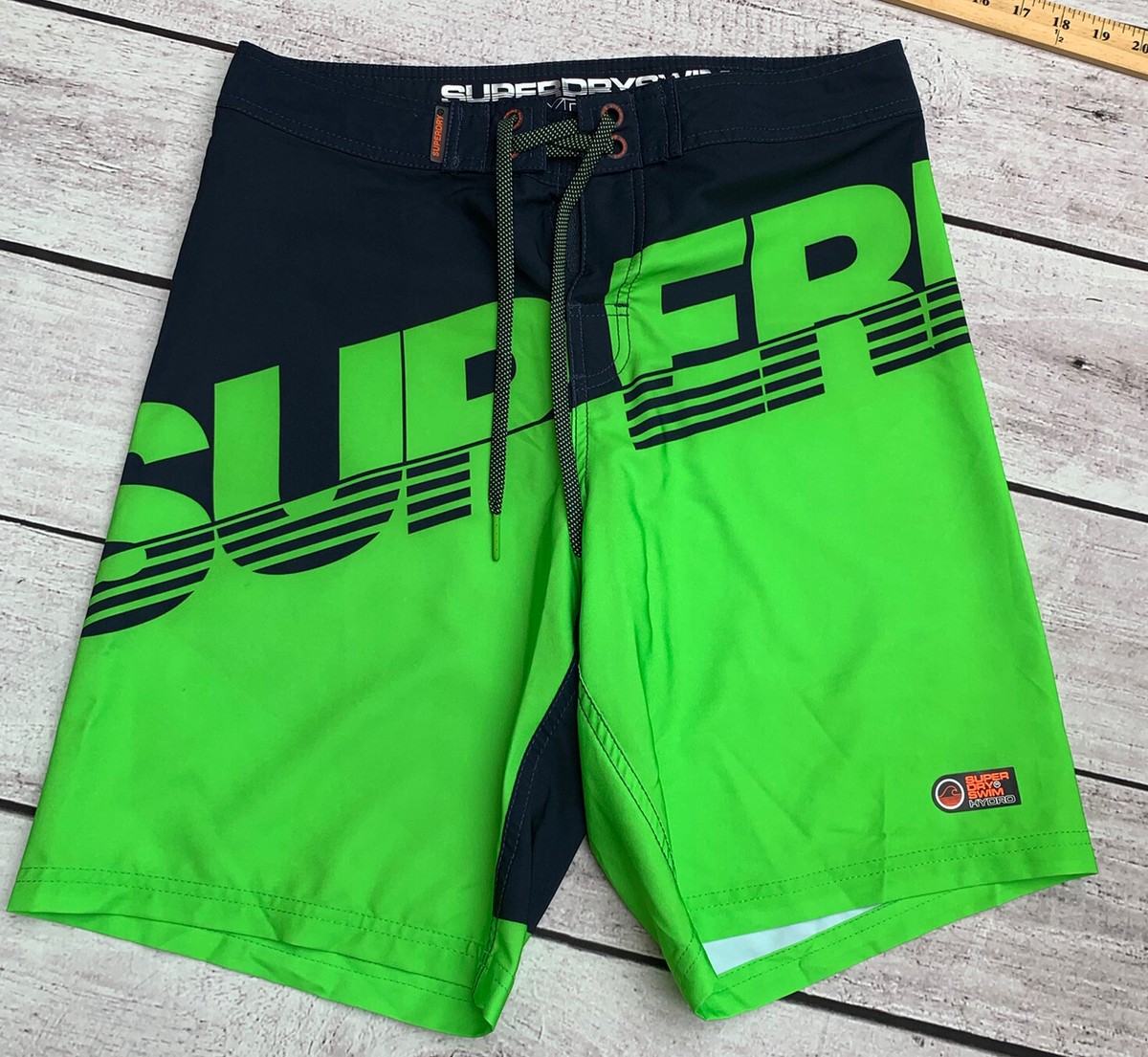 Superdry Men Small Dark Navy/Fluro Green Superdry Hydro Board Swim Shorts