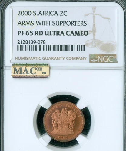 2000 SOUTH AFRICA 2 CENTS NGC PF65 RD UCAM MAC SPOTLESS    3,703 MINTED .