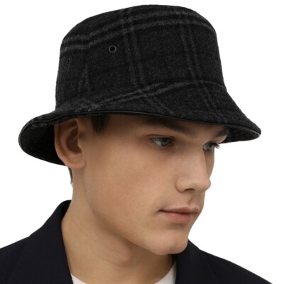BURBERRY Authentic Wool-Cashmere Charcoal Grey Check Bucket  display picture 3
