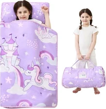 Toddler Nap Mat with Pillow and Blanket, Extra Large 50 x 20", Purple Unicorn 