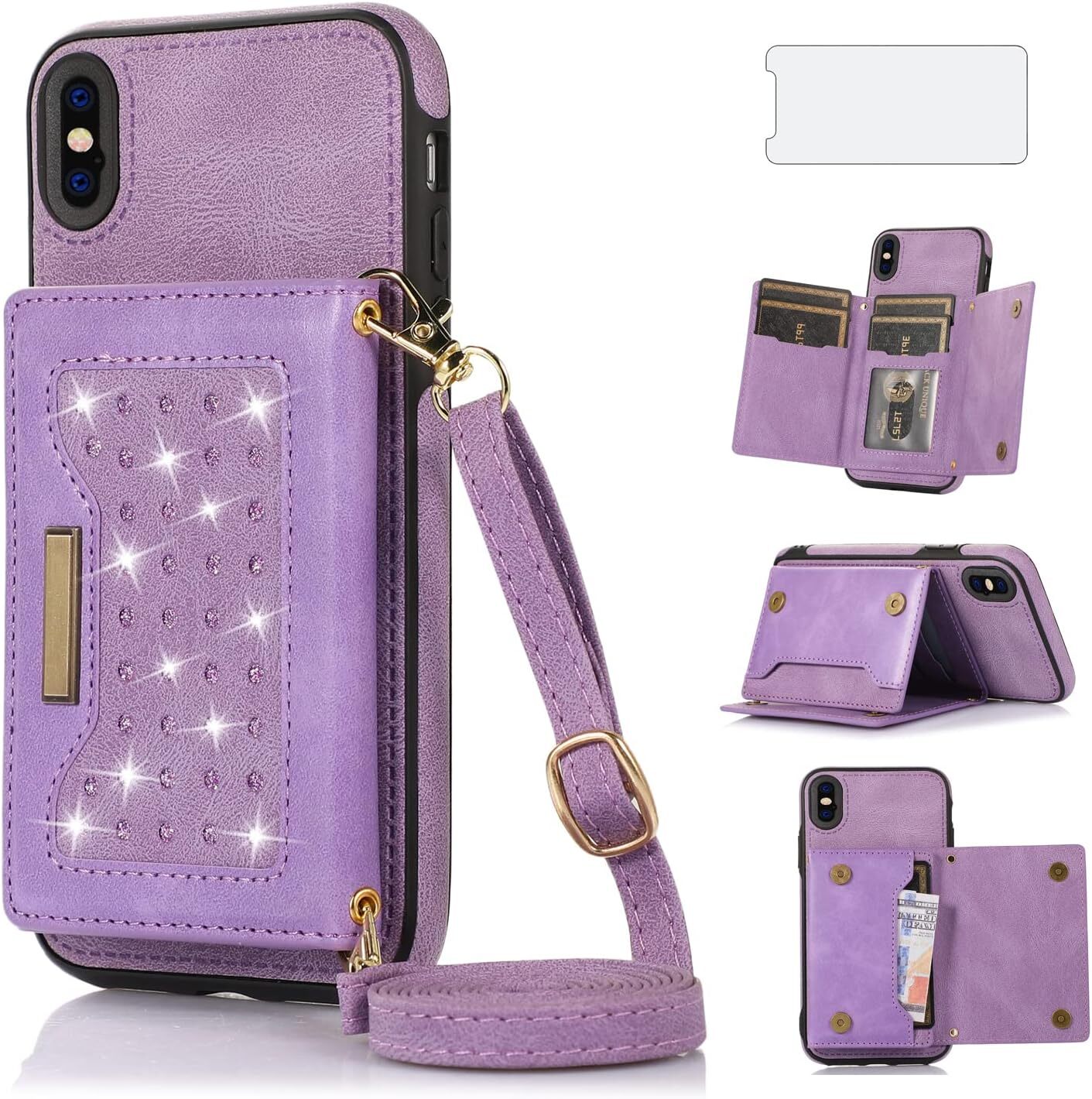 Phone Case for iPhone Xs Max Wallet Cover with Tempered Glass Screen Protector a