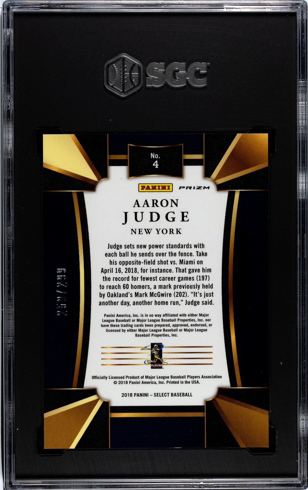 2018 Panini Select #4 Aaron Judge AQUA PRIZM /299 SGC 10 GEM MINT
