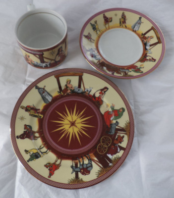 MOGA Romania Art 3 Pieces Cup Saucer & 7.5'' Plate Bethlehem Scene Hand Painted