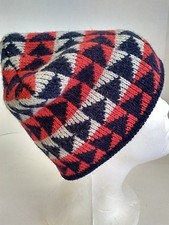 Lands End Unisex O/S Wool Blue Red Gray Geometric Skull Cap Beanie Winter Ski