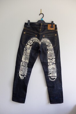 Evisu No.3 diacock machinery illustrated blue denim jeans W29 L32