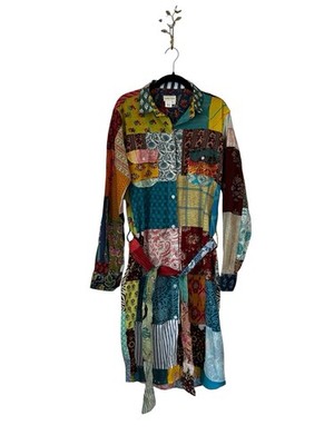 Ashley Taylor Patchwork Shirt Dress Tie Belt Kimono Boho Craftcore Hippie OS