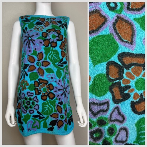 Vtg 1960s Floral Terry Cloth Dress 60s Sherry Miami Swim Beach Towel Cover Up XS