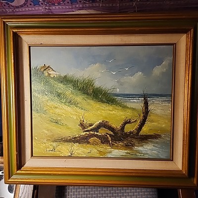 絵画 Oil painting  15x15 Vintage Oil Painting On Canvas Beach House Landscape Signed Framed