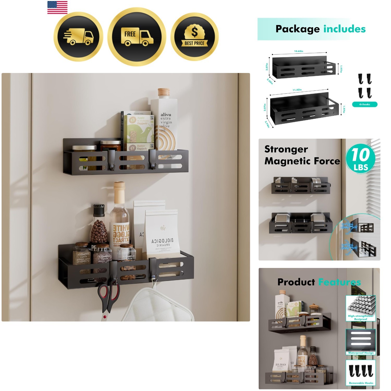 2 Pack Magnetic Spice Rack Refrigerator Black Shelf