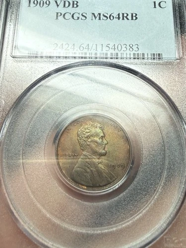 Lincoln Wheat Penny 1C - 1909 VDB - PCGS MS64 RB - Red/Brown - With Green Color