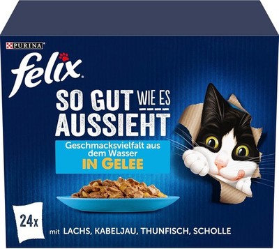 FELIX So gut wie es aussieht Katzenfutter nass, Gelee, Lachs 4x 24 Beutel à 85g