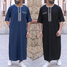 Embroidery Men Thobe Emirati Islamic Clothing Jubba Robe Muslim Eid Ramadan New