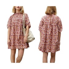 Everlane Shirred Brown Ditzy Floral Yoke Mini Dress Womens XS