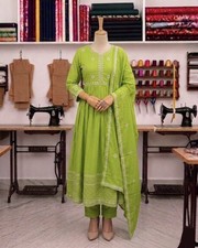 Indian Handmade Women's Embroidery Anarkali cotton Kurta with Pant and Dupatta