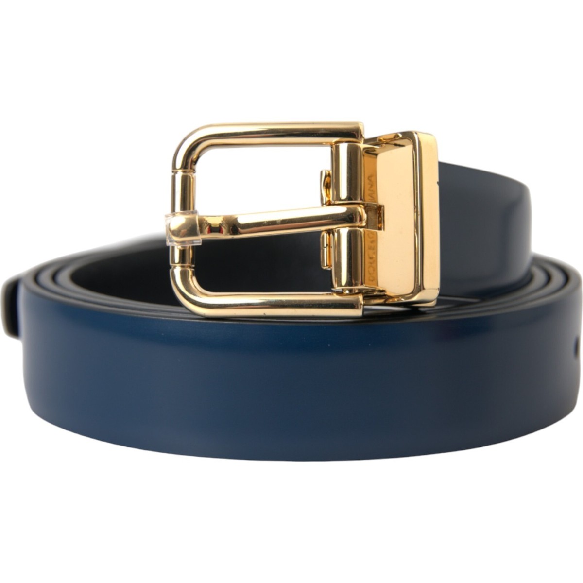 DOLCE & GABBANA Belt Men Blue Calf Leather Gold Metal Buckle 110cm
