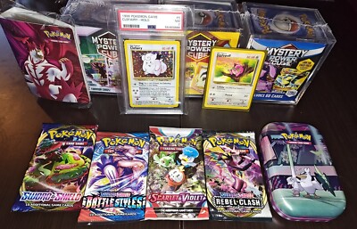 Pokemon Card Lot: Graded WotC, 4 Sealed Boosters, 3 Mystery Power Cubes & Tin
