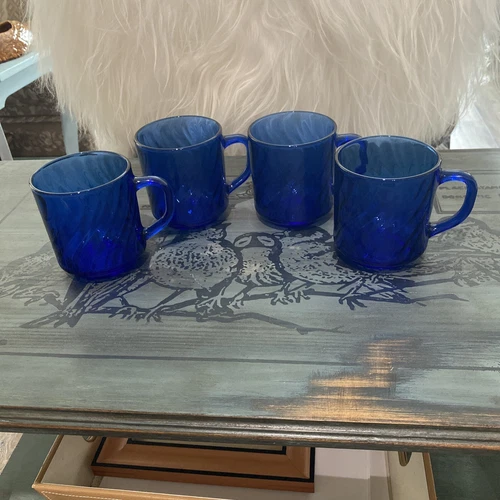 4 Vintage Arcoroc Cobalt Blue Swirl Glass Coffee Cups Mugs - Made In France