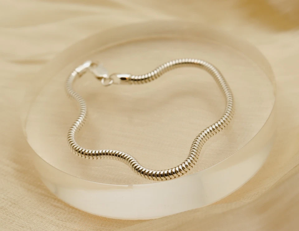 Solid 925 Sterling Silver 3mm Round Snake Chain Bracelet - 7.5" Inch - ITALY - Image 3 of 4