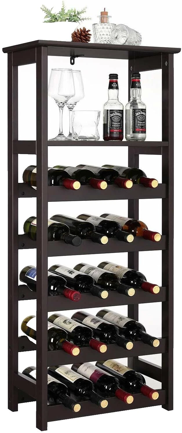 Bastidores de vino independiente marrón de madera y Portabotellas