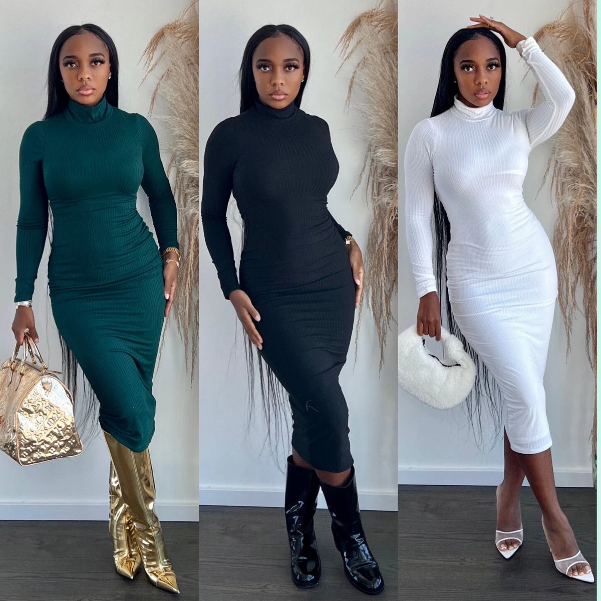 Stylish New Women Solid Long Sleeves High Neck Bodycon Club Party