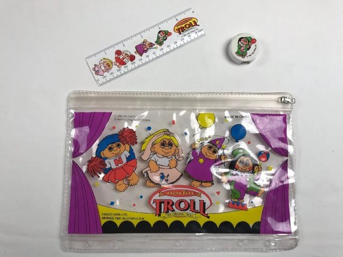 Vintage 1992 Norfin Troll Clear Pencil Pouch Set + Ruler Sharpener