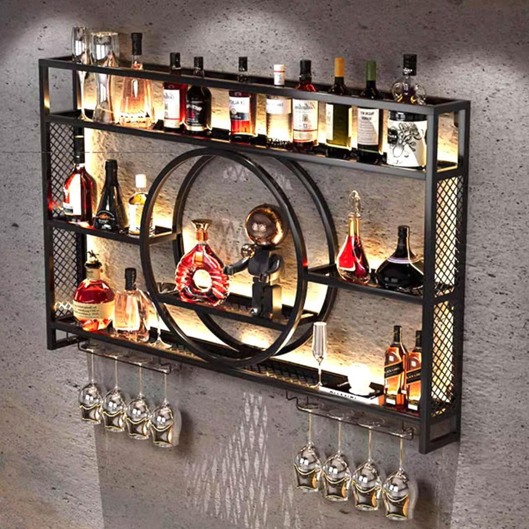 X3 39In Wine Rack with LED Lighting Wall Mounted Glass Holder, 3-Tiers Liquor Bo
