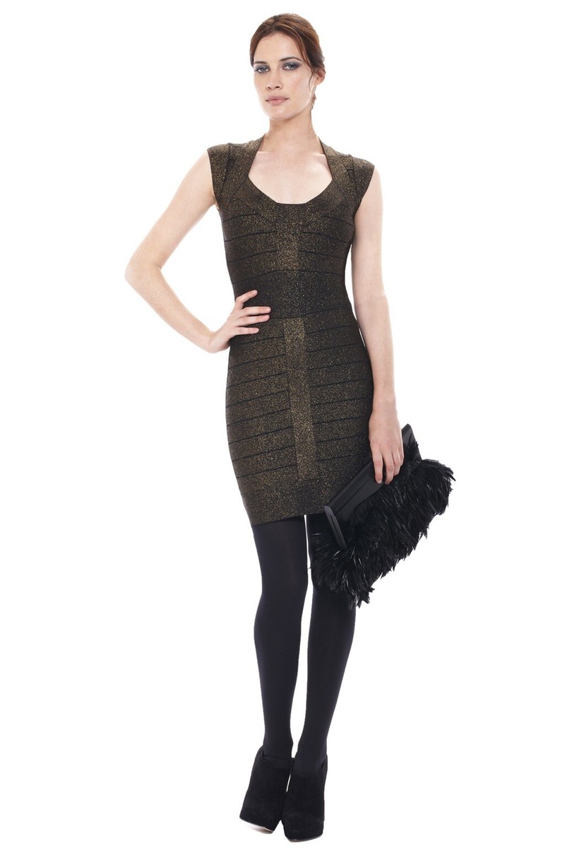 French Connection Bandage Bodycon Dress Metallic Black Gold 36/4/XS