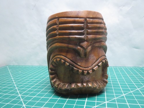 Vintage Hawaii Tiki Mask Mug Large Carved Wood Cup with Handle 5" - Picture 5 of 10