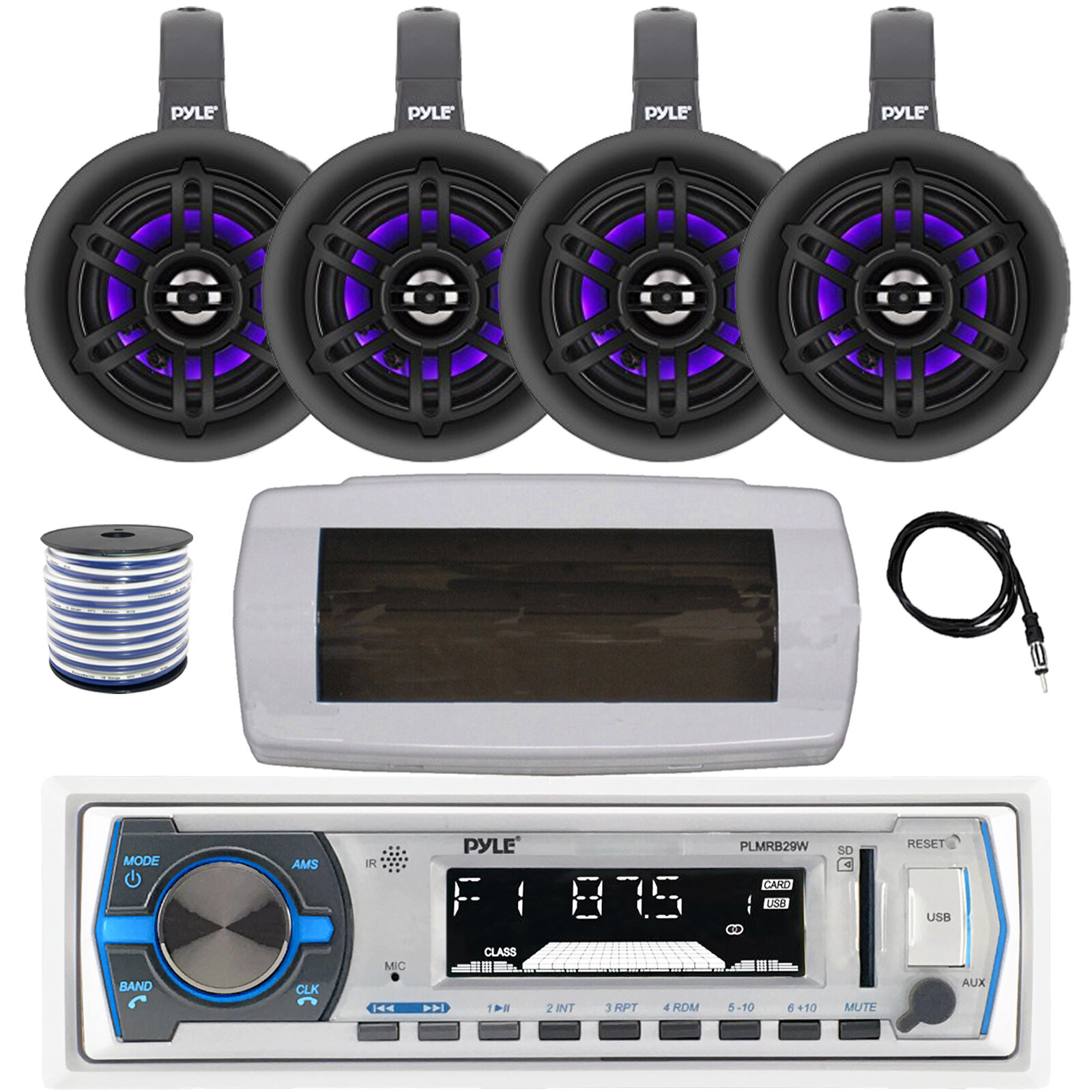 Pyle 300W Bluetooth Marine Radio with LED Speakers, Cover, Antenna, Wire, 4x 4