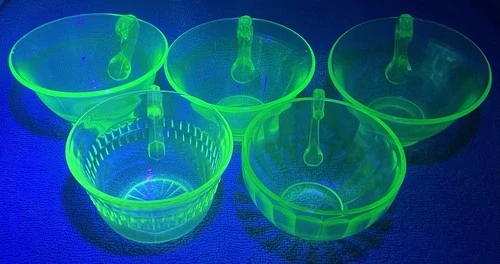 5 Pieces Of Uranium Ultraviolet “Glow” Cups with Handles Depression Glass