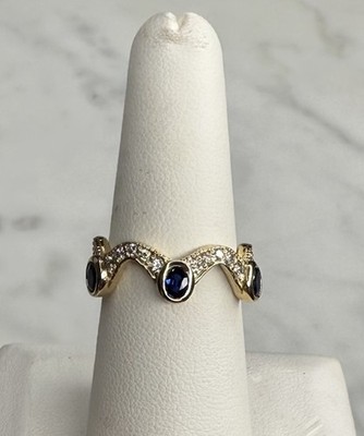 14k YG Oval Cut Bezel Set Blue Sapphires Diamonds Crown Wave Ring Band Size 7