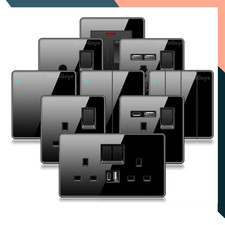 Black USB C Wall Socket 18W Fast Charge UK Double Plug 13A Switch 220V