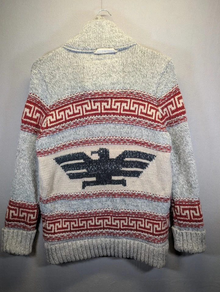 Superdry Cardigan Mens Large Grey Chunky Knit Zip Aztec Nordic Cowichan Sweater - Image 3 of 4