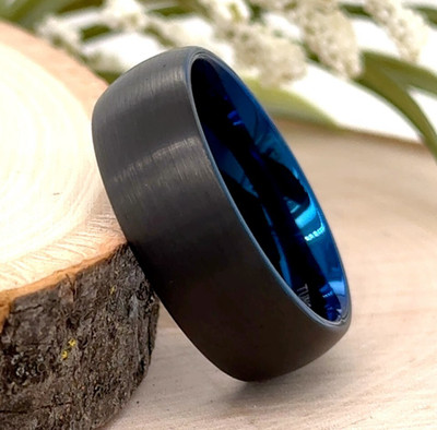8mm Black & Blue Tungsten Ring Brushed Finish & Step Edges Christmas Gifts Band