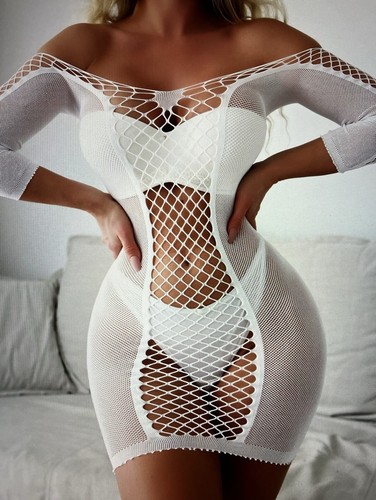 Sexy White Bodycon Fishnet Mini Dress Exotic Dancer Stripper Rave Outfit - Picture 2 of 5