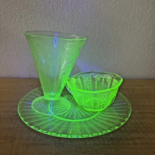 Uranium Glass Green Depression Glass Lot, Plate, Teacup, and Drinking Glass